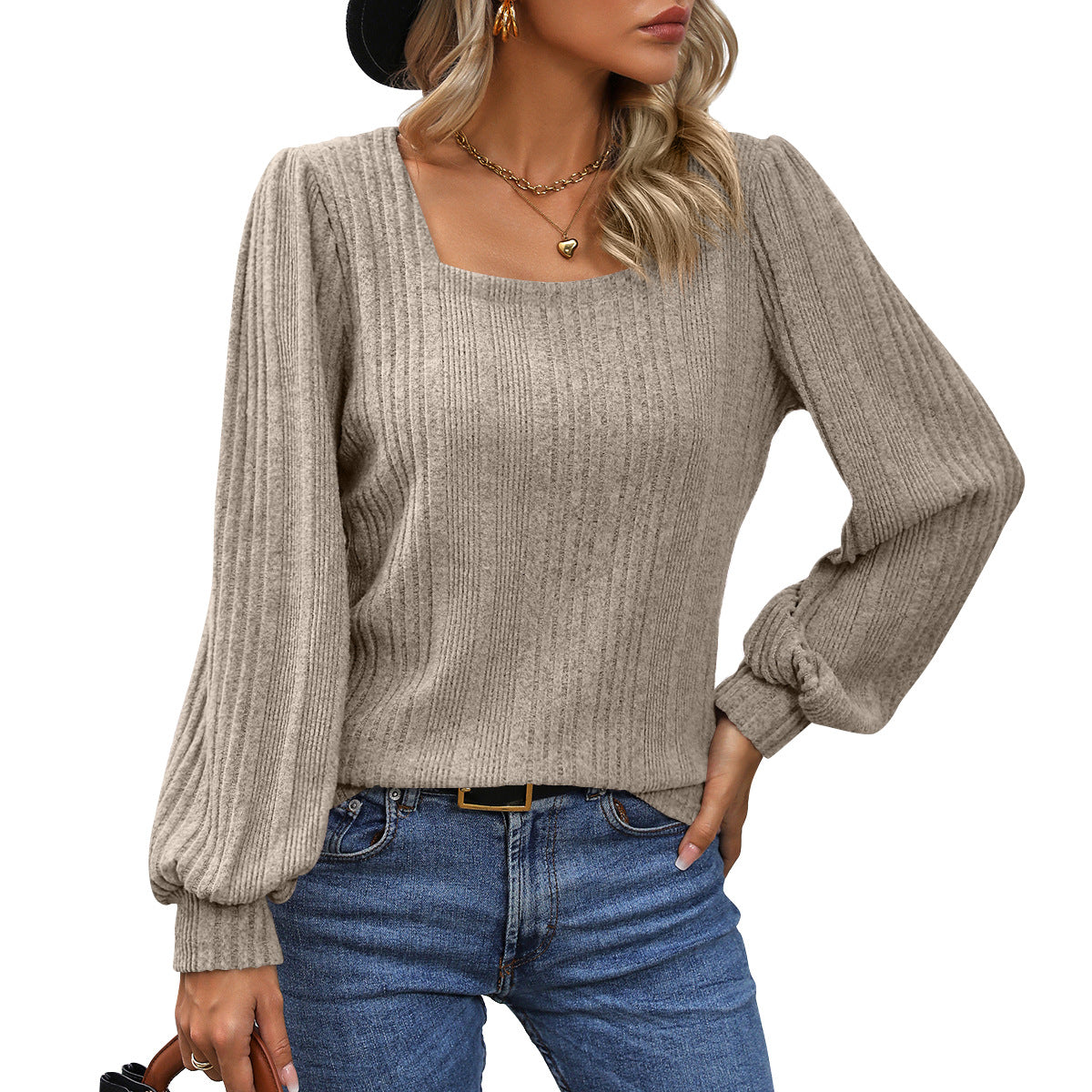 Wholesale Rayon Polyester Autumn and Winter Ladies Pit Stripe Brushed Square Neck Fashion Lantern Sleeve Long Sleeve Tops